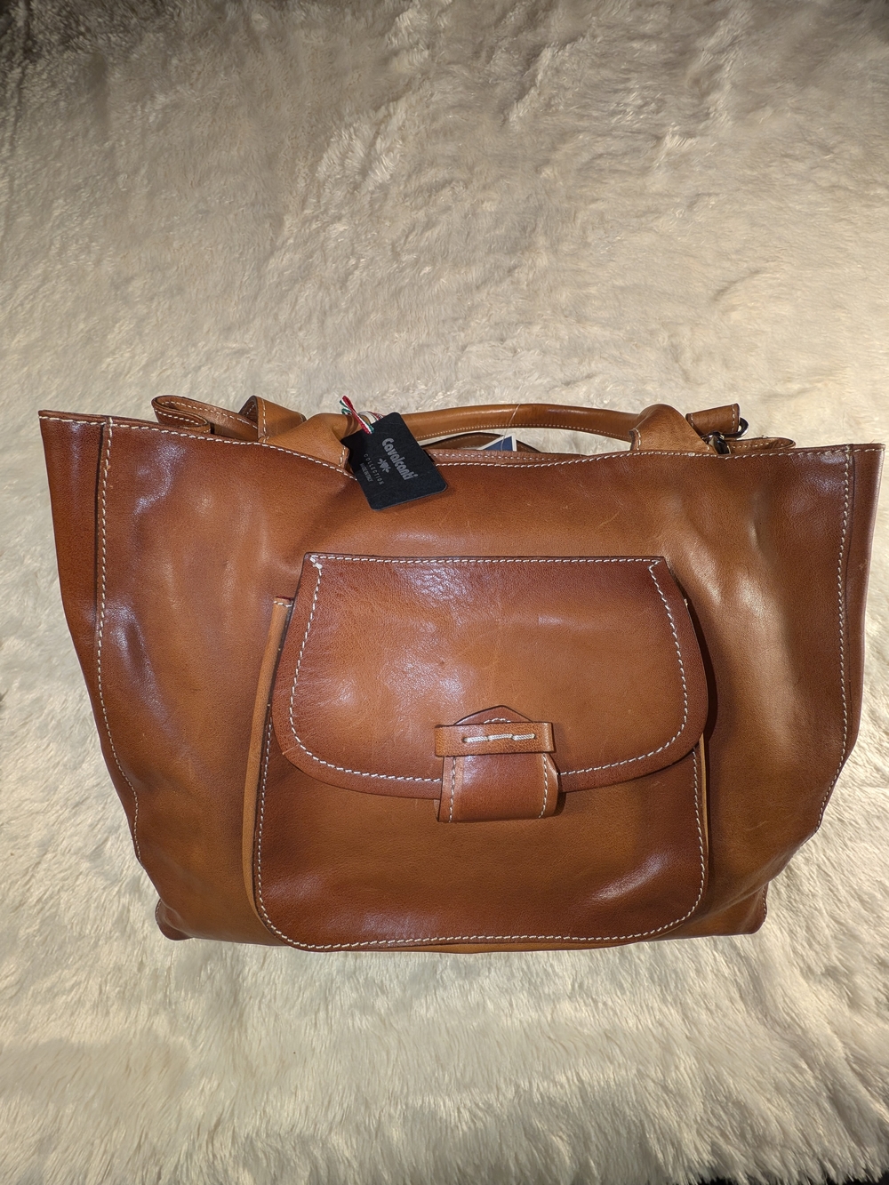 NWT Cavalcanti Cognac Leather Shoulder Tote with Front Flap Pocket